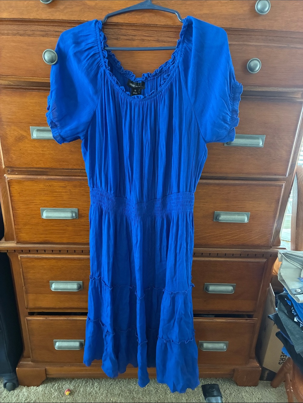 Bright Blue Tiered Midi Dress with Smocked Waist